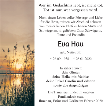 Traueranzeige von Eva Hau von Südthüringer Presse