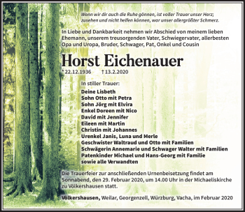 Traueranzeige von Horst Eichenauer von Südthüringer Presse