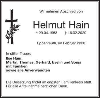 Traueranzeige von Helmut Hain von Frankenpost