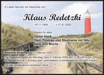Traueranzeige von Klaus Redetzki von Neue Presse Coburg