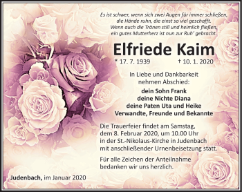 Traueranzeige von Elfriede Kaim von Südthüringer Presse