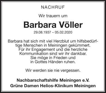 Traueranzeige von Barbara Völler von Südthüringer Presse