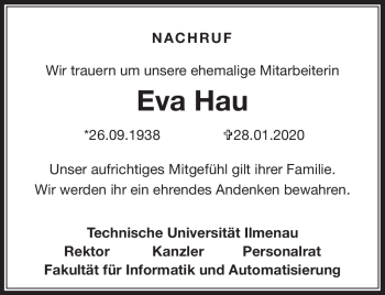 Traueranzeige von Eva Hau von Südthüringer Presse