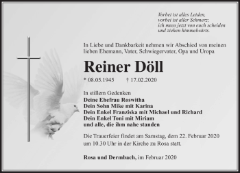 Traueranzeige von Reiner Döll von Südthüringer Presse