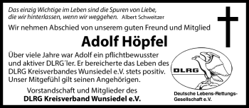 Traueranzeige von Adolf Höpfel von Frankenpost