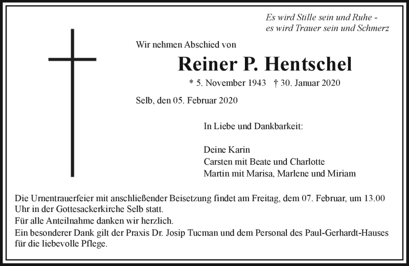  Traueranzeige für Reiner Hentschel vom 05.02.2020 aus Frankenpost