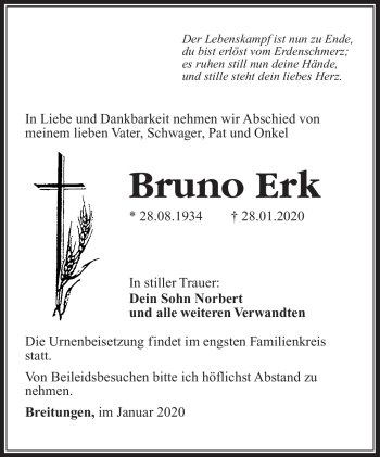 Traueranzeige von Bruno Erk von Südthüringer Presse