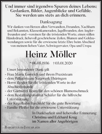 Traueranzeige von Heinz Möller von Südthüringer Presse
