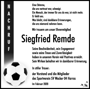 Traueranzeige von Siegfried Remde von Südthüringer Presse