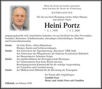 Traueranzeige von Heini Portz von Südthüringer Presse