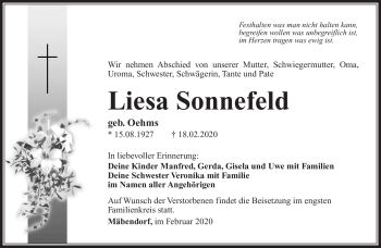 Traueranzeige von Liesa Sonnefeld von Südthüringer Presse