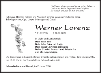 Traueranzeige von Werner Lorenz von Südthüringer Presse