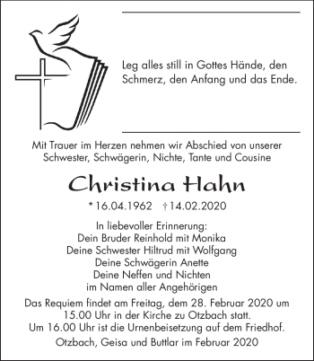 Traueranzeige von Christina Hahn von Südthüringer Presse