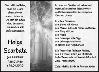 Traueranzeige von Helga Scarbata von Südthüringer Presse