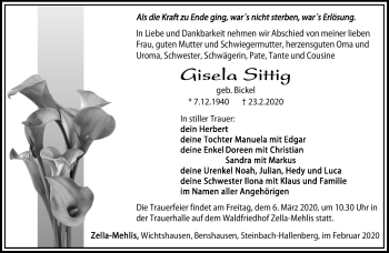 Traueranzeige von Gisela Sittig von Südthüringer Presse
