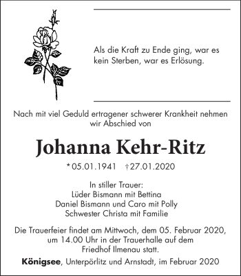 Traueranzeige von Johanna Kehr-Ritzq von Südthüringer Presse