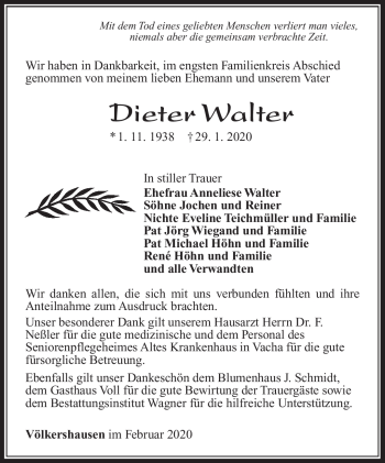 Traueranzeige von Dieter Walter von Südthüringer Presse