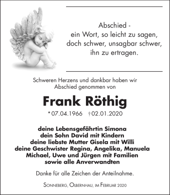 Traueranzeige von Frank Röthig von Südthüringer Presse