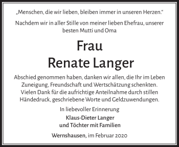 Traueranzeige von Renate Langer von Südthüringer Presse