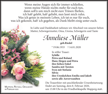 Traueranzeige von Anneliese Müller von Südthüringer Presse