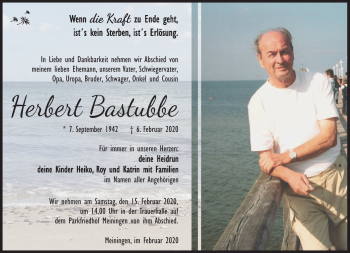 Traueranzeige von Herbert Bastubbe von Südthüringer Presse