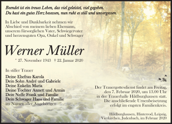 Traueranzeige von Werner Müller von Südthüringer Presse