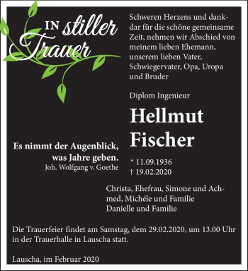Traueranzeige von Hellmut Fischer von Südthüringer Presse