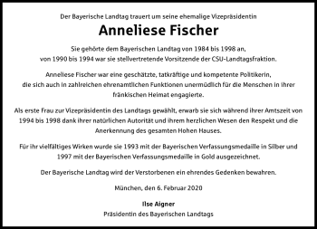 Traueranzeige von Anneliese Fischer von Frankenpost