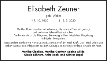 Traueranzeige von Elisabeth Zeuner von Neue Presse Coburg
