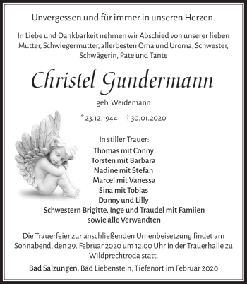 Traueranzeige von Christel Gundermann von Südthüringer Presse