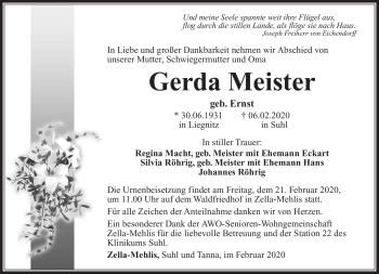 Traueranzeige von Gerda Meister von Südthüringer Presse