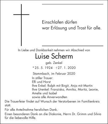 Traueranzeige von Luise Scherm von Frankenpost