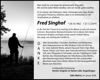 Traueranzeige von Fred Singhof von Südthüringer Presse