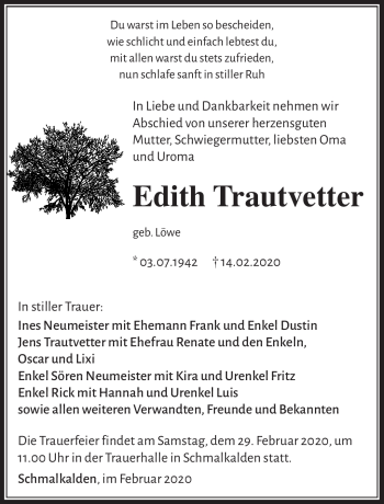 Traueranzeige von Edith Trautvetter von Südthüringer Presse