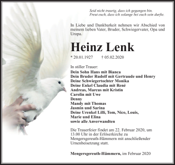 Traueranzeige von Heinz Lenk von Südthüringer Presse