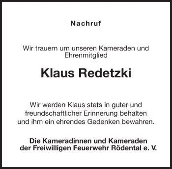 Traueranzeige von Klaus Redetzki von Neue Presse Coburg
