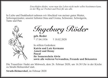 Traueranzeige von Ingeburg Röder von Südthüringer Presse