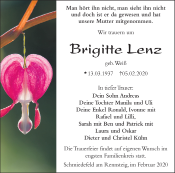 Traueranzeige von Brigitte Lenz von Südthüringer Presse
