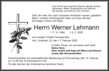 Traueranzeige von Werner Lehmann von Frankenpost