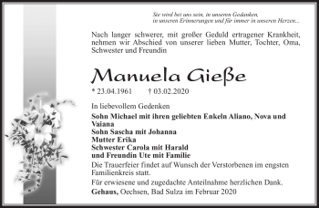 Traueranzeige von Manuela Gieße von Südthüringer Presse