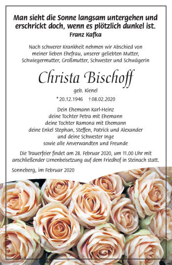 Traueranzeige von Christa Bischoff von Südthüringer Presse