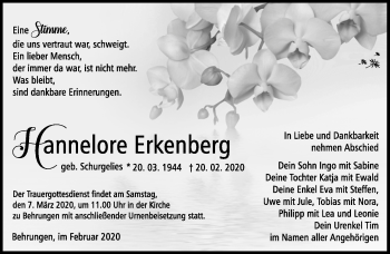Traueranzeige von Hannelore Erkenberg von Südthüringer Presse