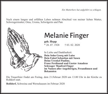 Traueranzeige von Melanie Finger von Südthüringer Presse