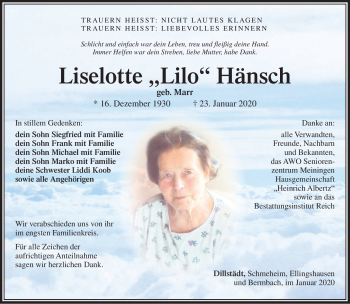 Traueranzeige von Liselotte Hänsch von Südthüringer Presse