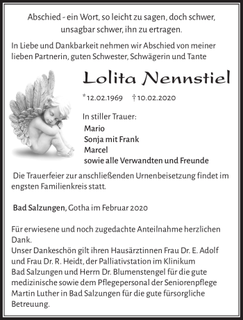 Traueranzeige von Lolita Nennstiel von Südthüringer Presse
