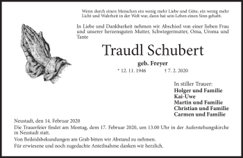 Traueranzeige von Traudl Schubert von Neue Presse Coburg