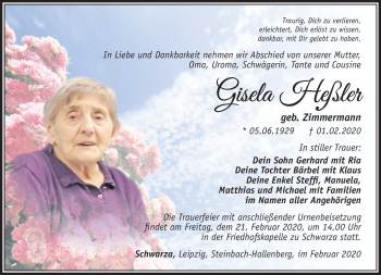 Traueranzeige von Gisela Heßler von Südthüringer Presse