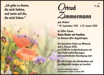 Traueranzeige von Ortrud Zimmermann von Südthüringer Presse