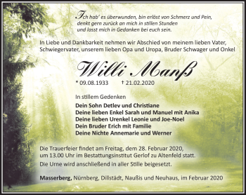 Traueranzeige von Willi Manß von Südthüringer Presse