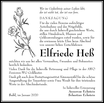Traueranzeige von Elfriede Heß von Südthüringer Presse